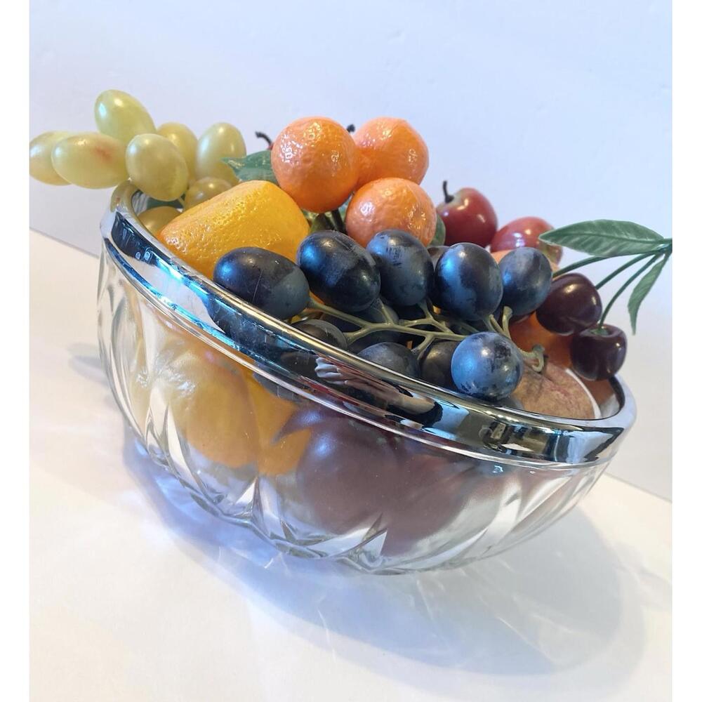 Vintage Fruit Bowl Italy Glass Bowl 9" FBR EP Steel Rim Decorative Serving Dish